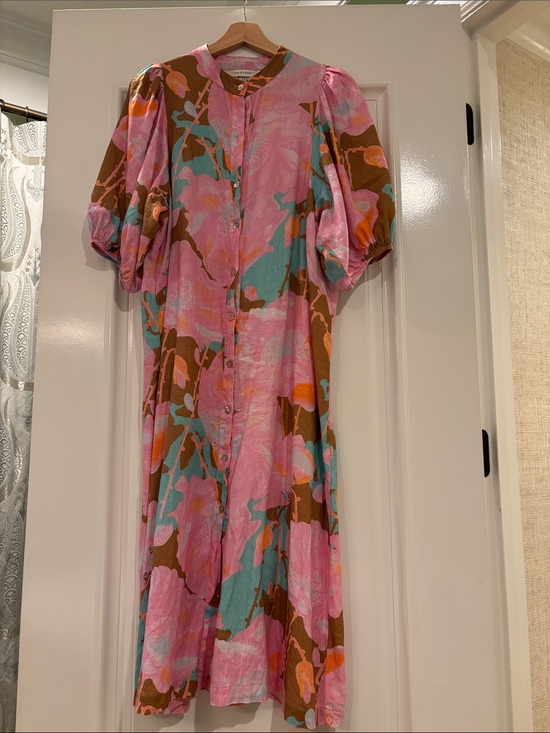 Lanhtropy Dresses & Skirts - Lanhtropy brand Colorful Floral Button-Front Midi Dress - Pink, Teal & Brown